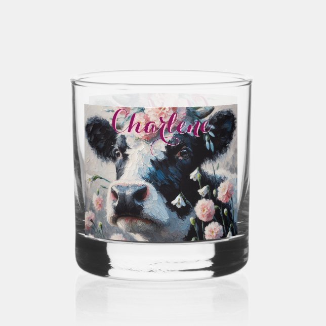 Vaso De Whiskey Holstein Cow Carnations Farmhouse Personalizado (Anverso)
