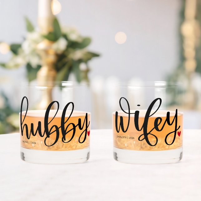 Vaso De Whiskey Hubby Wifey Pareja Typografía Personalizado de dis (Insitu (Boda))