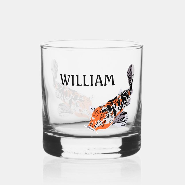 Vaso De Whiskey Ilustracion de pescado Koi en Naranja personalizad (Anverso)