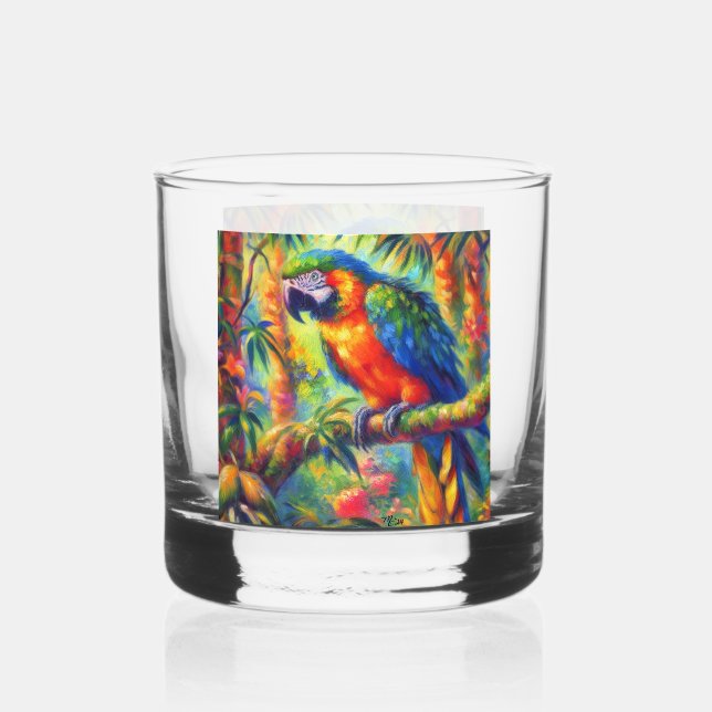 Vaso De Whiskey Impresionante Loro Tropical Pájaro Azul Verde (Anverso)