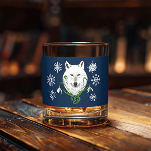 Vaso De Whiskey Lobo Ártico Blanco Místico Flor de Invierno Azul