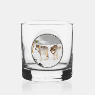 Vaso De Whiskey Lobos en pintura de nieve - Arte de vida salvaje o