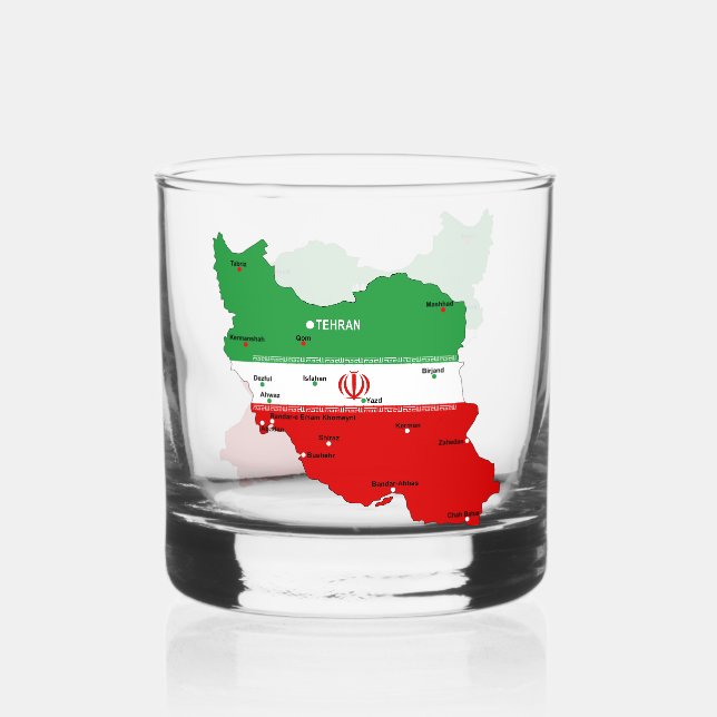 Vaso De Whiskey Mapa de Irán con bandera y emblema (Anverso)