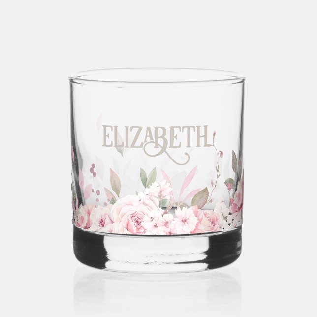 Vaso De Whiskey Marco decorativo floral rosa con nombre (Anverso)