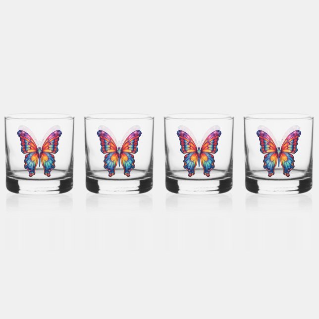 Vaso De Whiskey Mariposa Azul Naranja Alas (Anverso)
