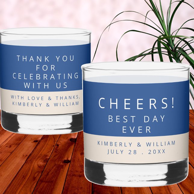 Vaso De Whiskey Marsella Bleu Doble Partido de Bodas Favorece (Marseille Bleu Modern Wedding Whiskey Glass With Double Sided Custom Text)