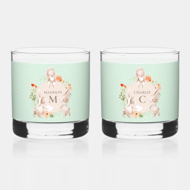 Vaso De Whiskey Monograma Conejo Conejo Floral Pascua Personalizad (Anverso)