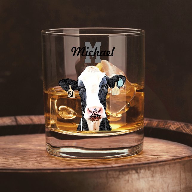 Vaso De Whiskey Monograma Holstein Cow Dairy Farm Livestein (Holstein Cow Monogram Dairy Farming Whiskey Glass Farmer Gift)