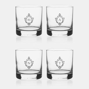 Vaso De Whiskey Monogramas Elegantes en Crestas Vintage Iniciales