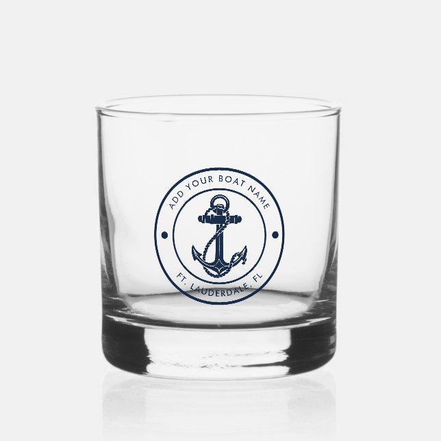 Vaso De Whiskey Nautical Anchor Bote Name Navy Blue Boating Person (Anverso)