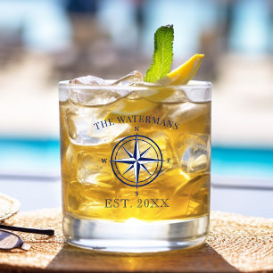 Vaso De Whiskey Nautical Compass Rosa Navy nombre de familia azul