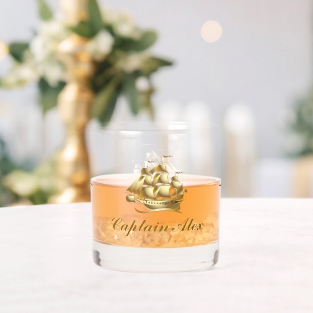 Vaso De Whiskey Nautical Gold Boater Monograma barco antiguo (Insitu (Boda))