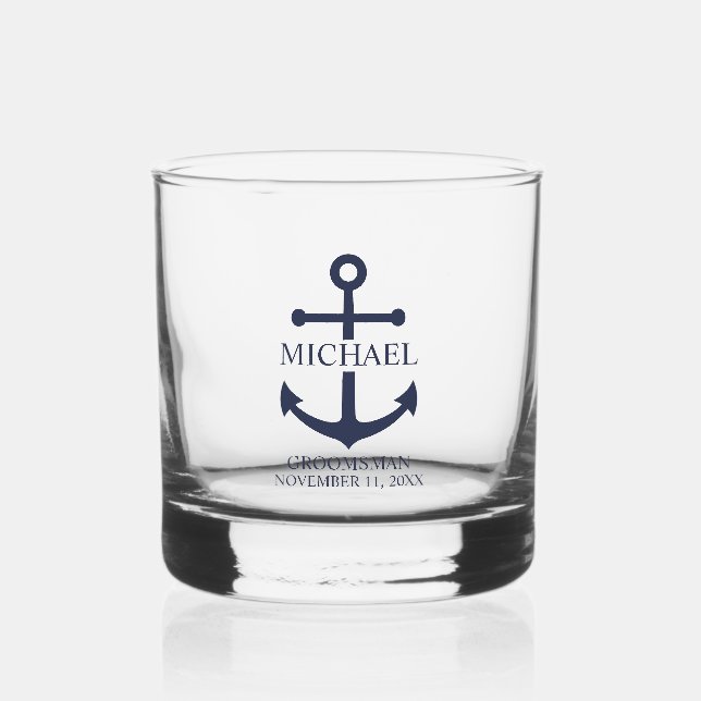 Vaso De Whiskey Nautical Navy Blue Anchor Personalizado Groomsmen (Anverso)
