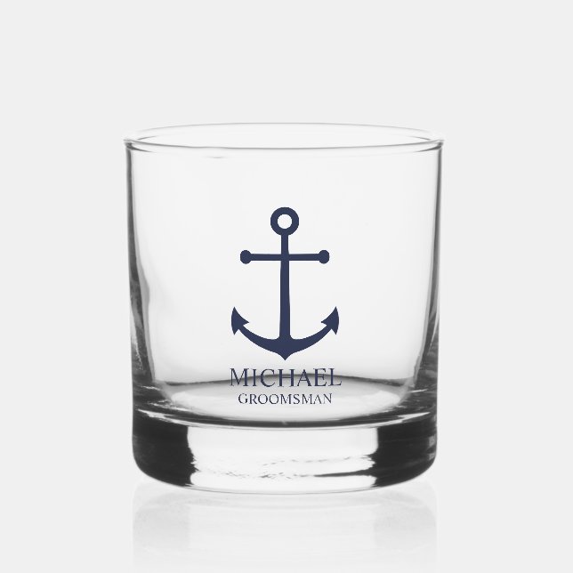 Vaso De Whiskey Nautical Navy Blue Anchor Personalizado Groomsmen (Anverso)
