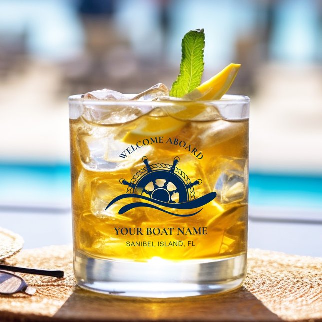 Vaso De Whiskey Nautical Navy Blue Boat Name Ship Wheel (Subido por el creador)