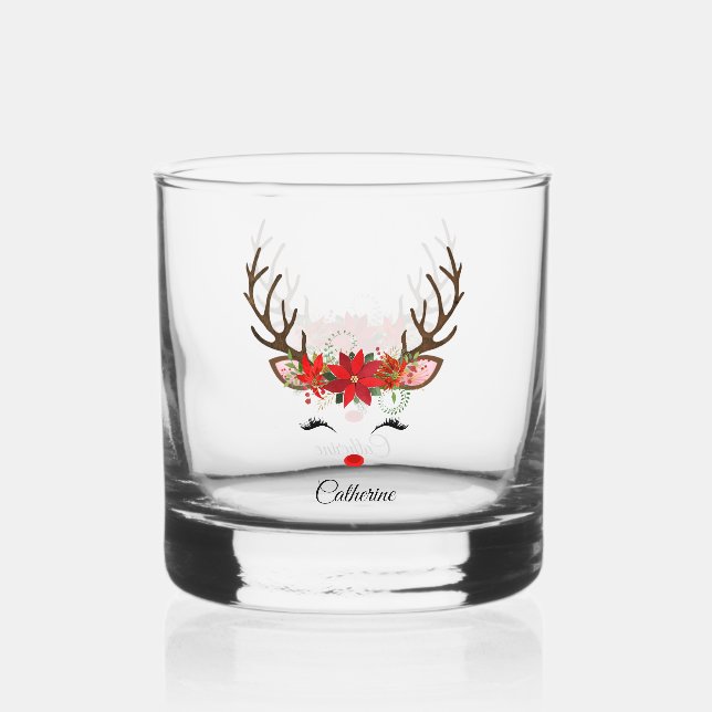 Vaso De Whiskey Navidades florales nombre personalizado reno (Anverso)