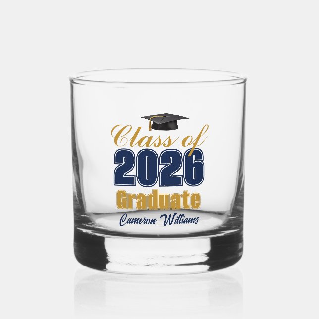 Vaso De Whiskey Navy Blue Gold Class of 2026 Graduation (Anverso)