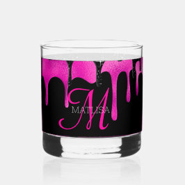 Vaso De Whiskey Nombre Monograma del Purpurina de goteo rosado y n