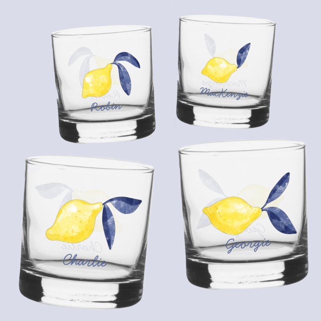 Vaso De Whiskey Nombre personalizado de la acuarela del cítrico li (Fresh citrus lemon watercolor individual name personalized glasses)