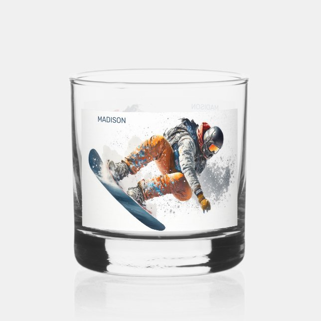 Vaso De Whiskey Nombre personalizado Ilustracion Snowboarder (Anverso)