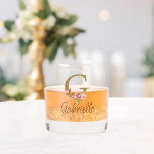 Vaso De Whiskey Nombre personalizado letra G rosa blush con hoja d