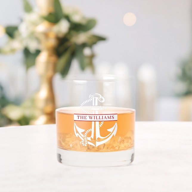 Vaso De Whiskey Nombre rojo del ancla náutica blanco personalizado (Insitu (Boda))
