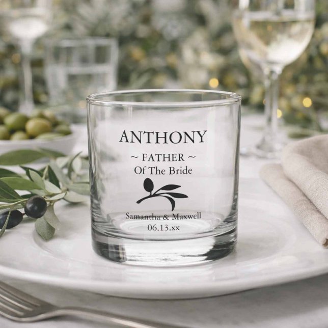 Vaso De Whiskey Padre de la fiesta de la novia (Personalized Father of the Bride whiskey glass with olive branch design and wedding date keepsake)