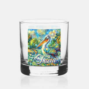 Vaso De Whiskey Pájaro pelicano personalizado en floral de Wonderl