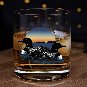 Vaso De Whiskey Pareja de somormujos Lago Azul al Atardecer Fauna