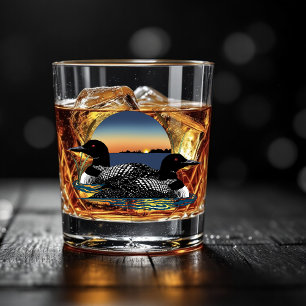 Vaso De Whiskey Pareja de somormujos Lago Azul al Atardecer Fauna 