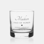 Vaso De Whiskey Partido de matrimonio personalizado de Personaliza<br><div class="desc">El Partido de la Boda del Personalizado de la Mujer de Honor, Wiskey Glass Rocks Glass Glass, presenta el nombre de su empleada de honor con los nombres de la pareja de novias y la fecha de boda acentuada con un pequeño corazón de amor. Personalizado hecha para tu empleada de...</div>