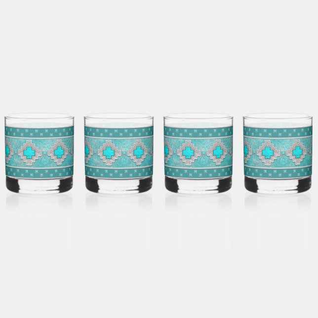 Vaso De Whiskey Patrón geométrico de piedra turquesa del suroeste (Anverso)