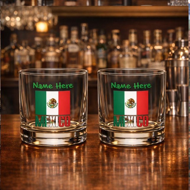 Vaso De Whiskey Personalización verde de bandera mexicana y de ban (Personalized whiskey glasses have Mexican Flag and MEXICO in flag colors. Add name above.)