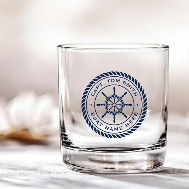 Vaso De Whiskey Personalizado capitán nombre de barco naútico (Custom captain boat name nautical ship's wheel whiskey glass)