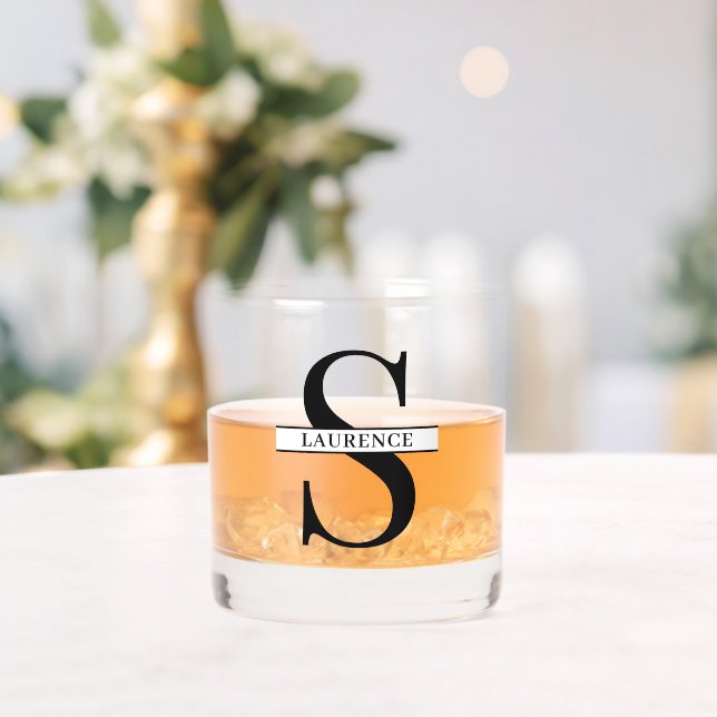 Vaso De Whiskey Personalizado Nombre Negro Moderno En Banner Blanc (Insitu (Boda))