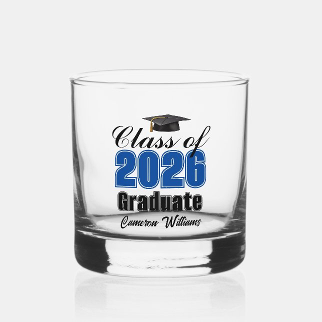 Vaso De Whiskey Personalized Blue Class of 2026 Graduation (Anverso)