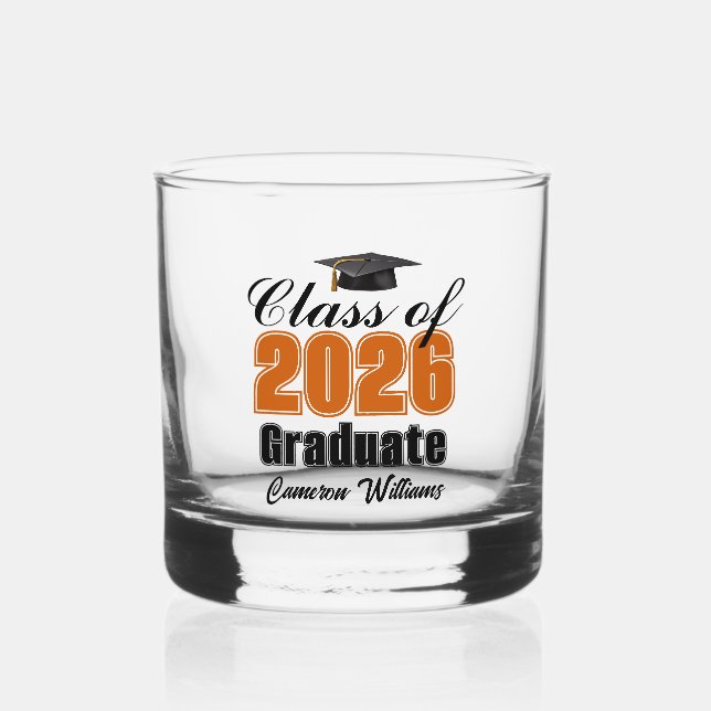 Vaso De Whiskey Personalized Orange Black Class of 2026 Graduation (Anverso)