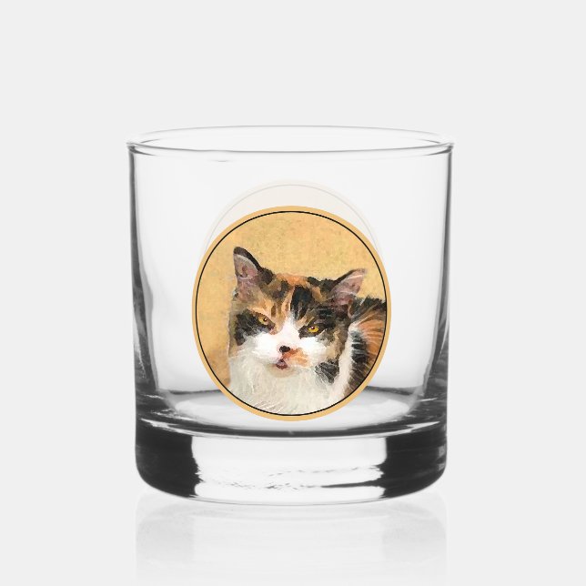 Vaso De Whiskey Pintura de gato calico - Arte de gato original lin (Anverso)