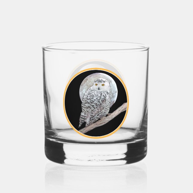 Vaso De Whiskey Pintura de lechuza y luna - Arte original de aves (Anverso)