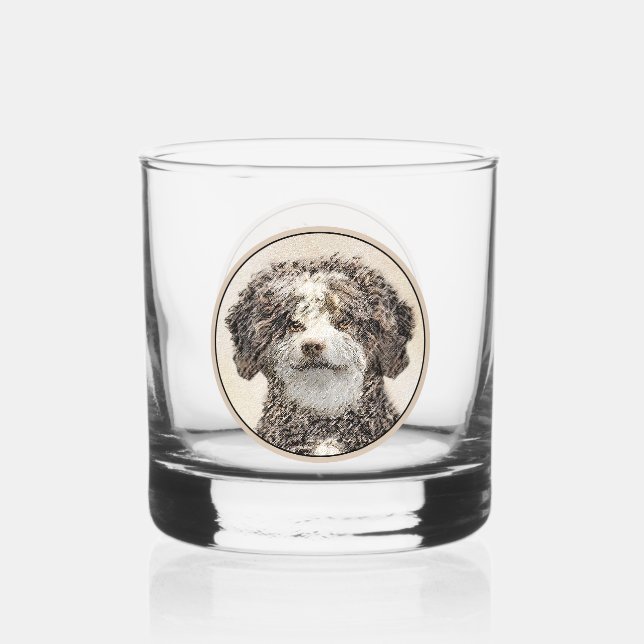 Vaso De Whiskey Pintura de Perro de Agua Español - Arte Perro Orig (Anverso)