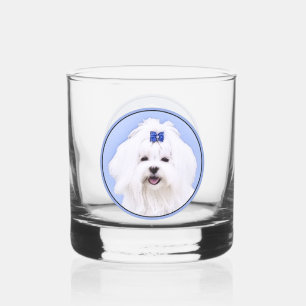 Vaso De Whiskey Pintura maltesa - Arte de perro original muy lindo