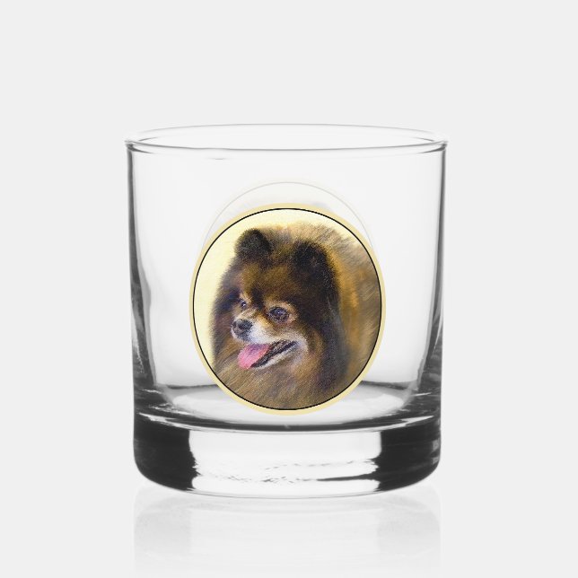 Vaso De Whiskey Pomerania Negra y Tan Pintura Original de Perro (Anverso)