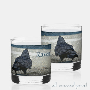 Vaso De Whiskey Raven de pájaro en tonos grises y negros