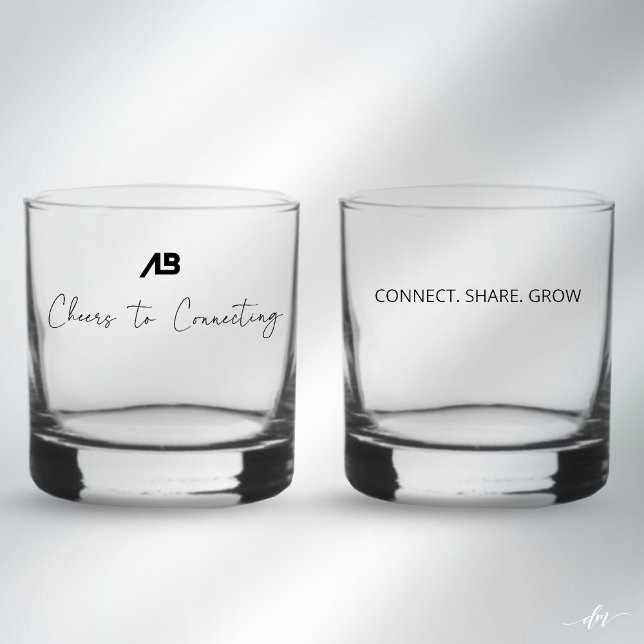 Vaso De Whiskey Redes (Custom networking rock glasses featuring Cheers to Connecting and Connect Share Grow messaging)