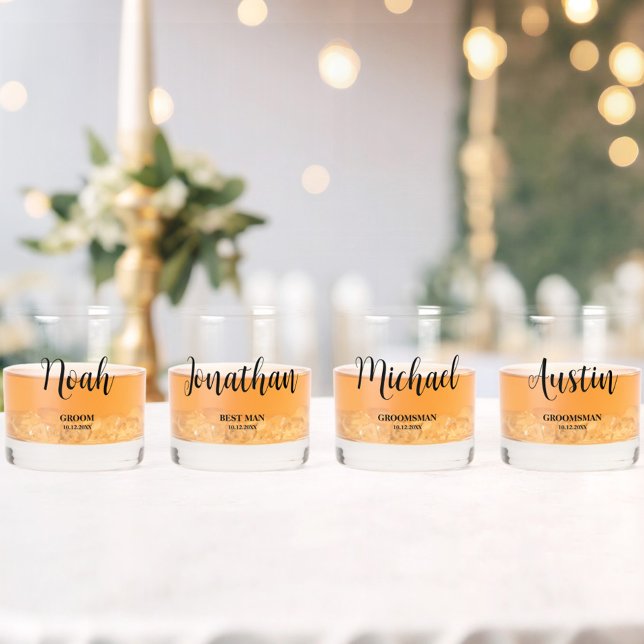 Vaso De Whiskey Simple Script Personalizado Groomsmen Wedding Part (Set of 4 Whiskey Glasses. All text can be changed to fit your needs!)