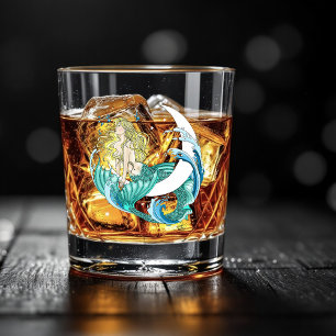 Vaso De Whiskey Sirena Rubia Luna Creciente Arte Fantasía Deco