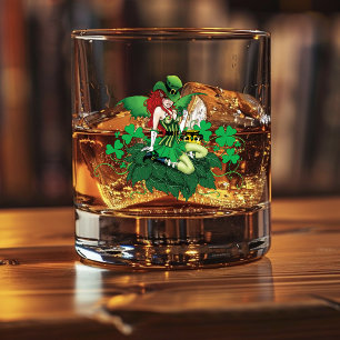Vaso De Whiskey Suerte Verde Hada Irlandesa Cabello Rojo Trébol de