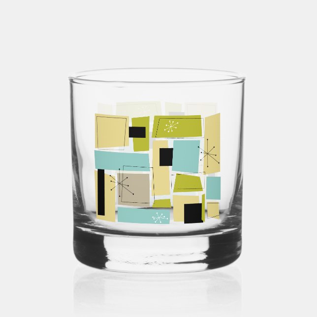 Vaso De Whiskey Throwback Aqua Blue Yellow Rectangles Mid Century (Anverso)