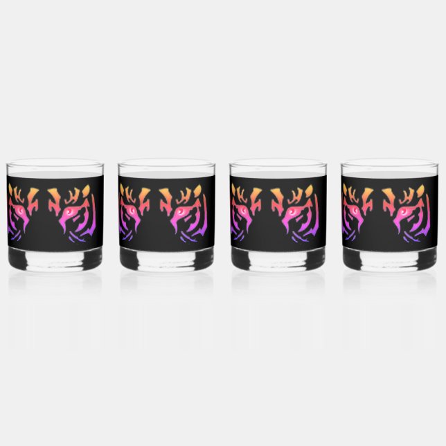 Vaso De Whiskey Tiger Face on Black Glass Drinkware Set (Reverso)