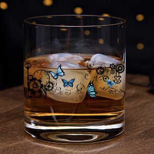 Vaso De Whiskey Tribal Steampunk Mariposas Azules Engranajes Remol